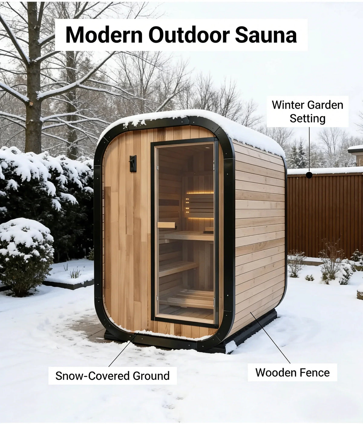 Panoramic Round Outdoor Sauna – Curved Glass Front, Custom Sizing & Complete Heating Package