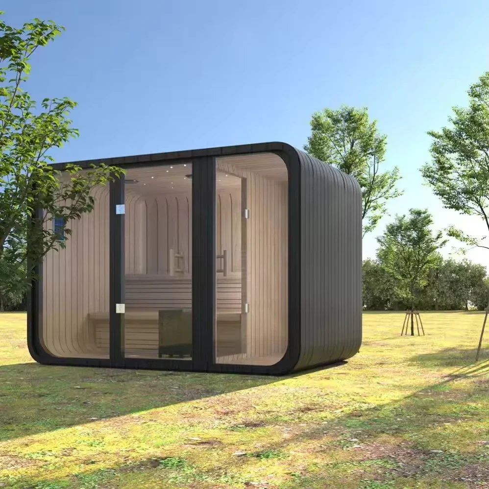 Panoramic Round Outdoor Sauna – Curved Glass Front, Custom Sizing & Complete Heating Package