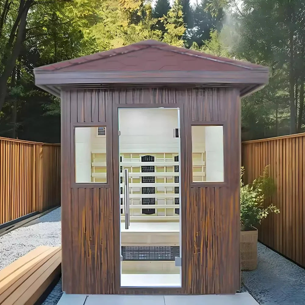 Panoramic Round Outdoor Sauna – Curved Glass Front, Custom Sizing & Complete Heating Package