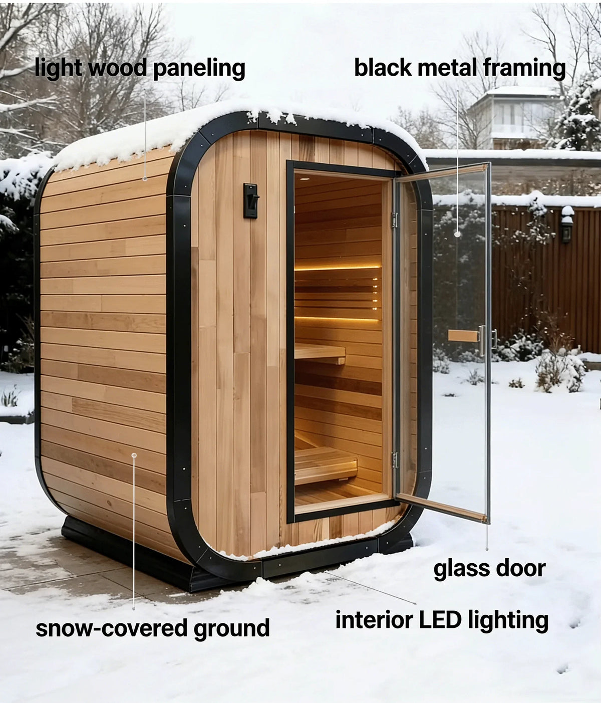 Panoramic Round Outdoor Sauna – Curved Glass Front, Custom Sizing & Complete Heating Package