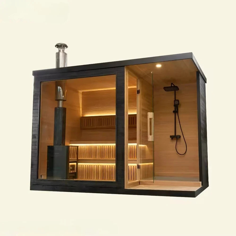 Panoramic Round Outdoor Sauna – Curved Glass Front, Custom Sizing & Complete Heating Package