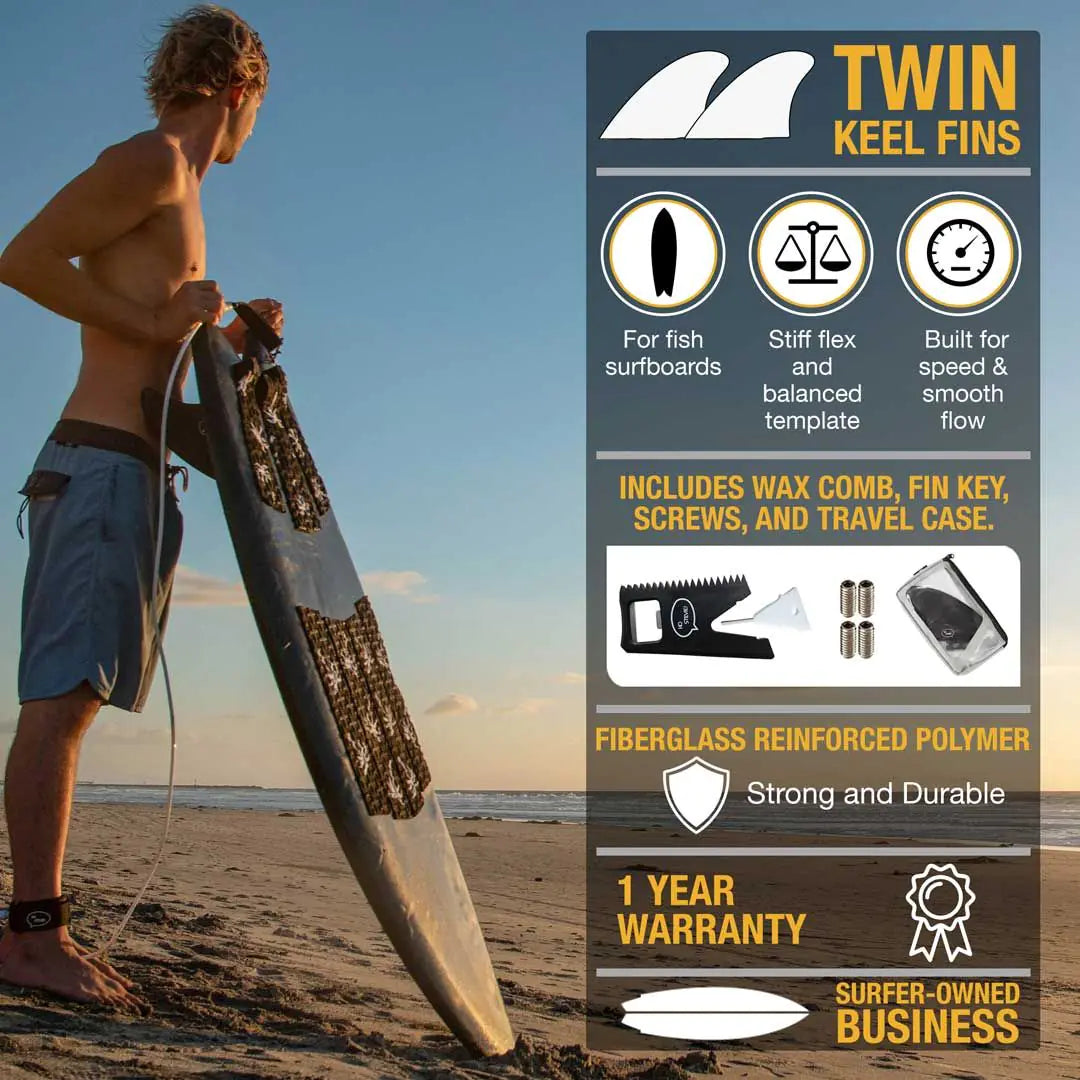Twin Keel Surfboard Fins – FRP Fiberglass-Reinforced Polymer with Travel Case