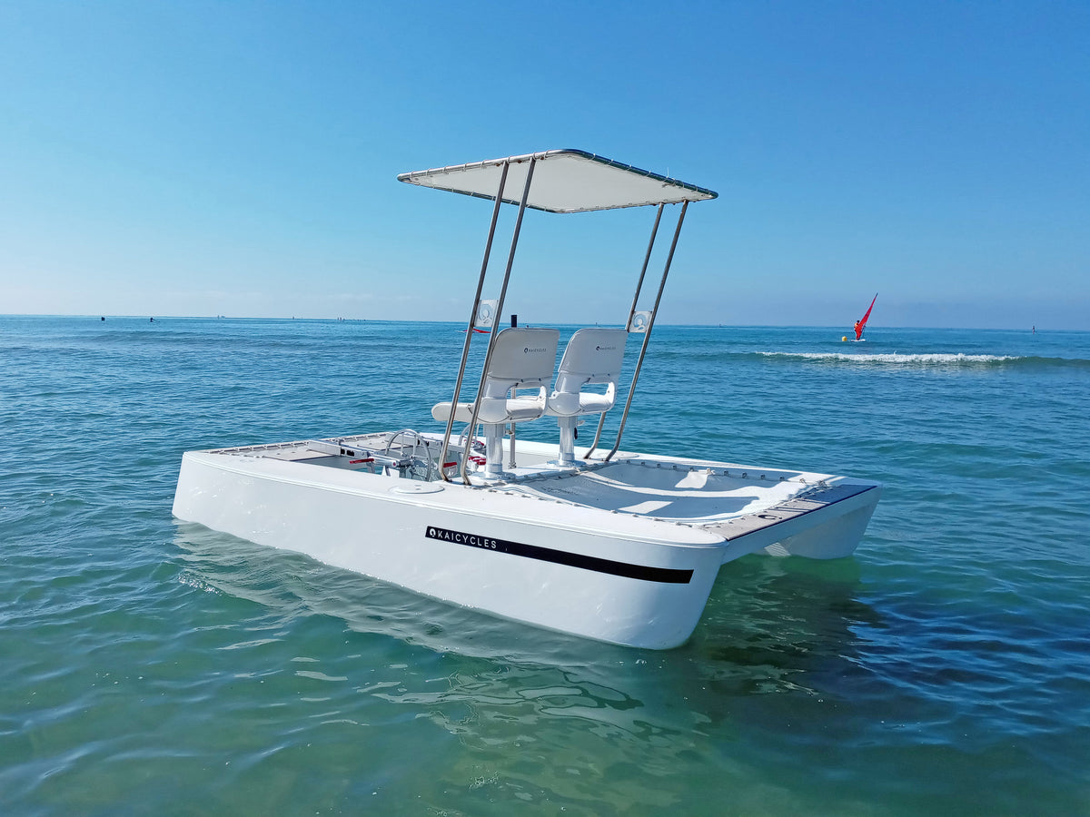 ZEN Pedal Boat – 4-Person Fiberglass Multihull with Optional Electric Motor