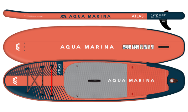Aqua Marina inflatable paddle board with side views and a leash on a white background
