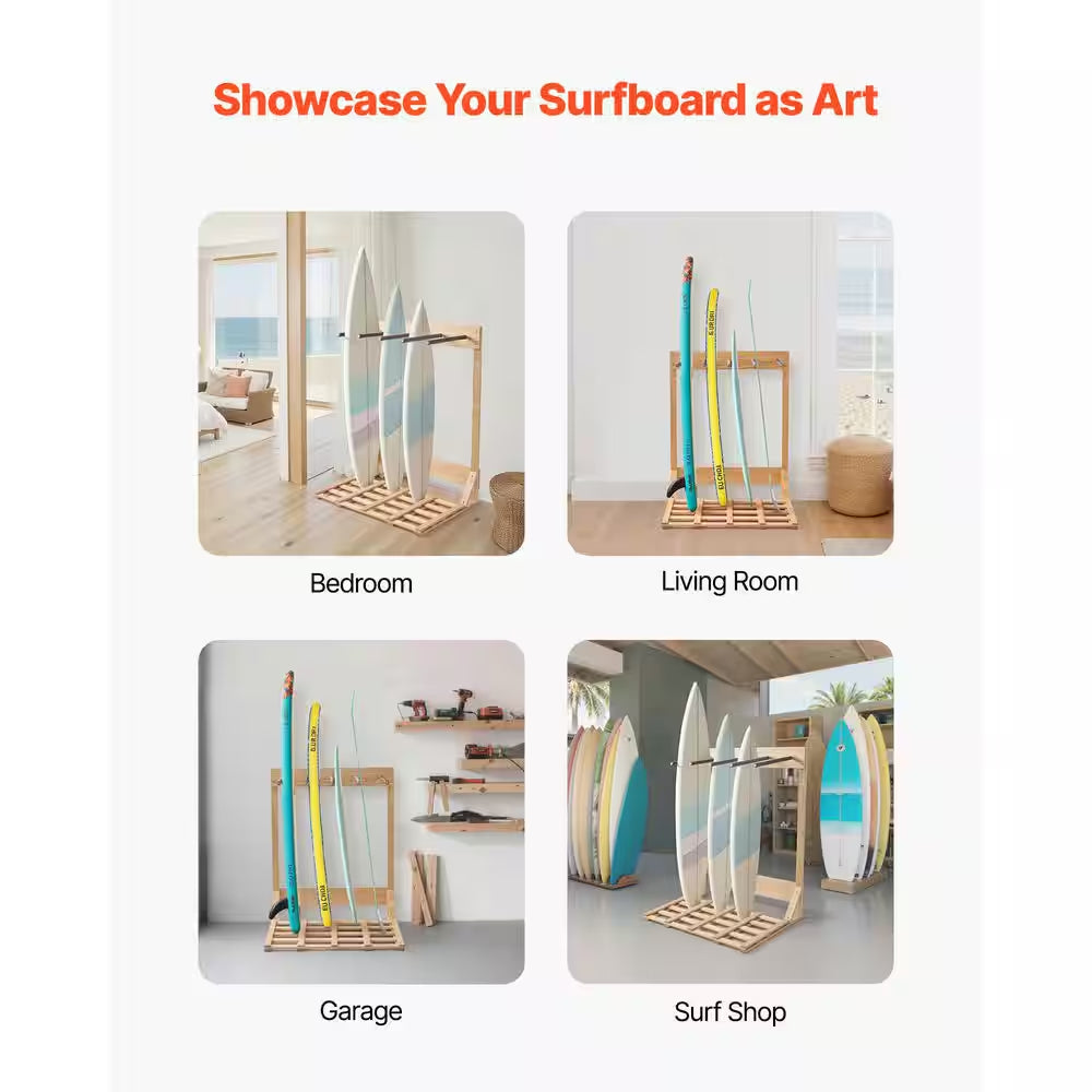 Vertical Surfboard Stand, 4 Tiers Wooden Surfboard Rack for Storage and Display, Freestanding Board Stand Organizer