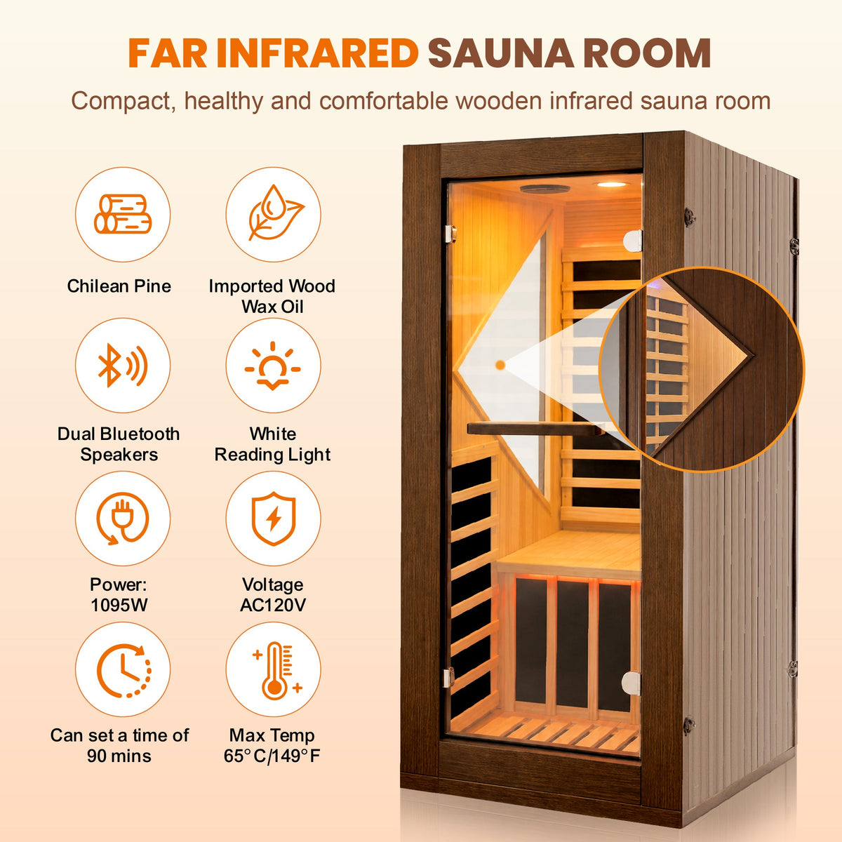 Chilean Pine Home Sauna – Six Heating Plates with Ambient LED Lighting