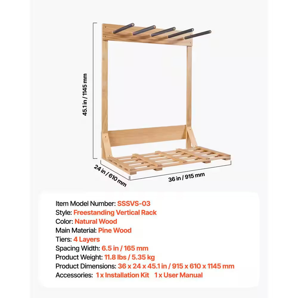 Vertical Surfboard Stand, 4-Tiers Wooden Surfboard Rack for Storage and Display, Freestanding Board Stand Organizer