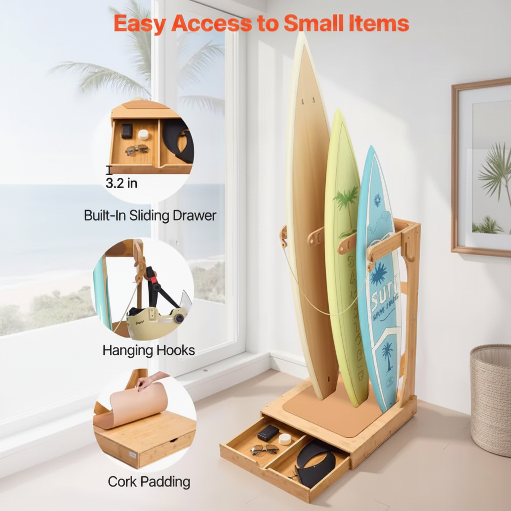 Vertical Surfboard Stand, 3 Tiers Wooden Surfboard Rack for Storage and Display, Freestanding Board Stand Organizer