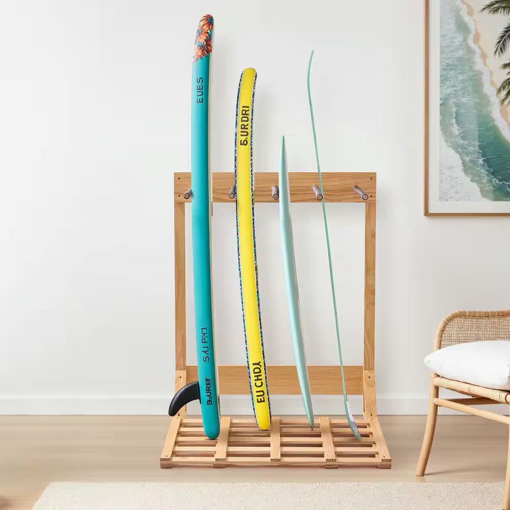 Vertical Surfboard Stand, 4 Tiers Wooden Surfboard Rack for Storage and Display, Freestanding Board Stand Organizer