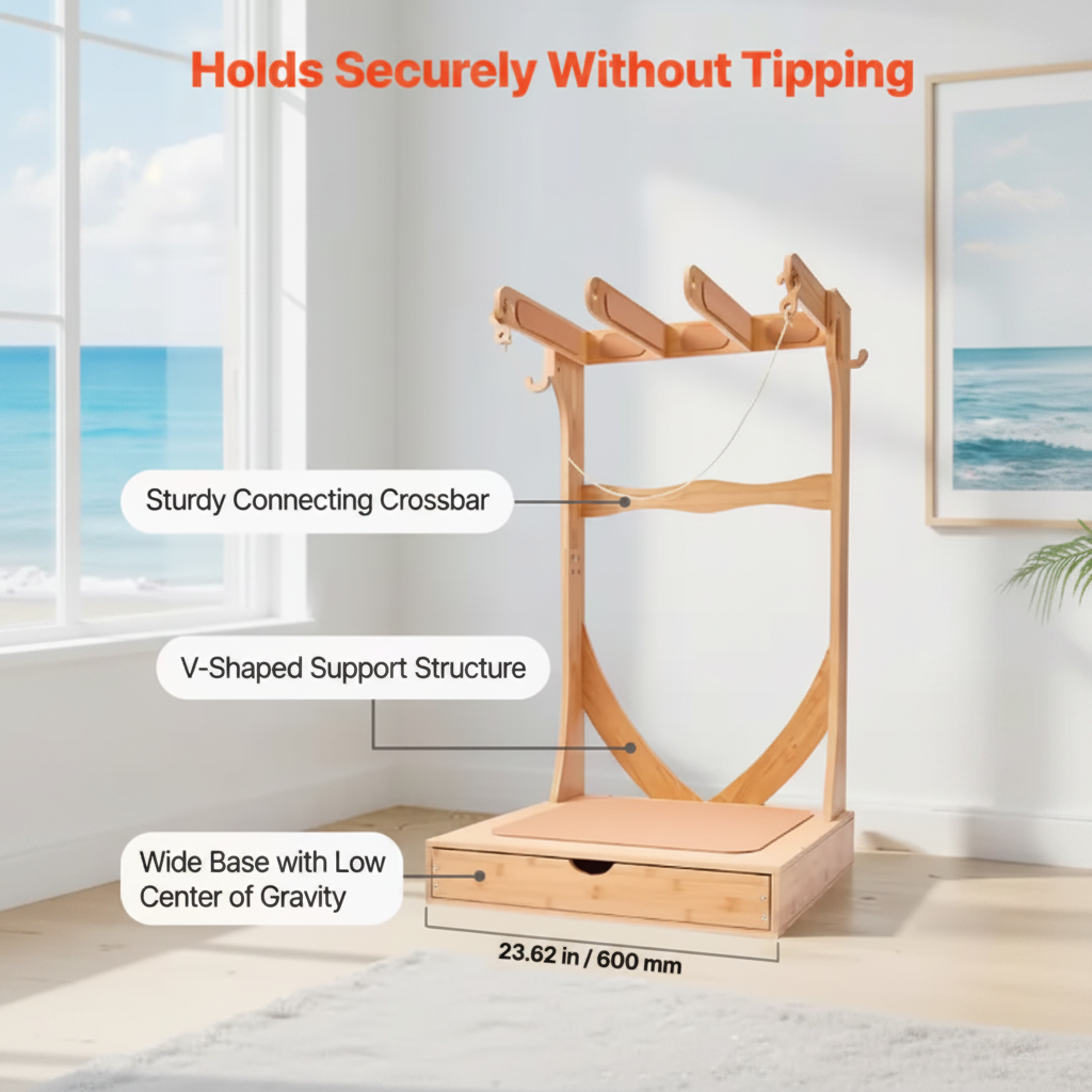 Vertical Surfboard Stand, 3 Tiers Wooden Surfboard Rack for Storage and Display, Freestanding Board Stand Organizer