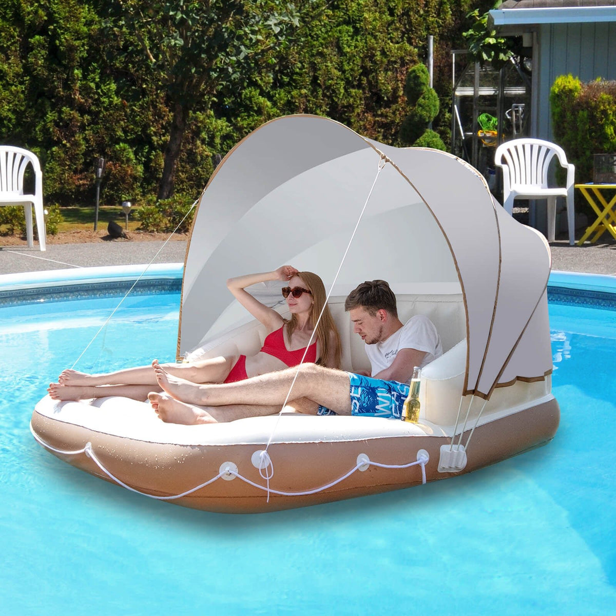 Inflatable Pool Float Lounge Raft – Detachable Sunshade & Cup Holders - Aloha Swim Wellness