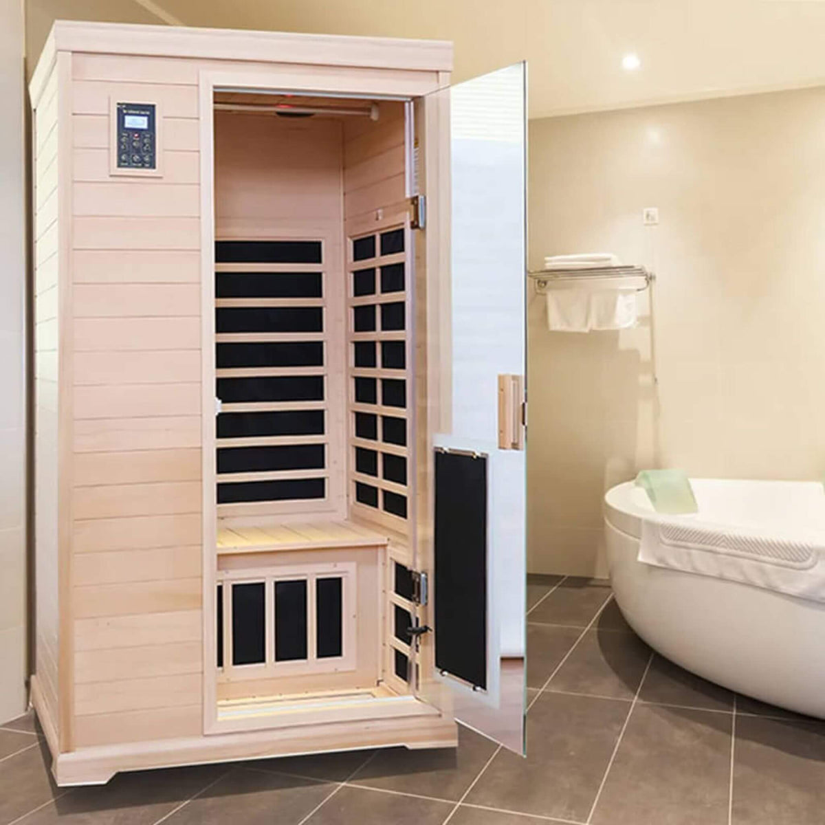 Premium Hemlock Wood 2-Person Infrared Sauna – Foot Heating, Bluetooth Audio & LED Lighting
