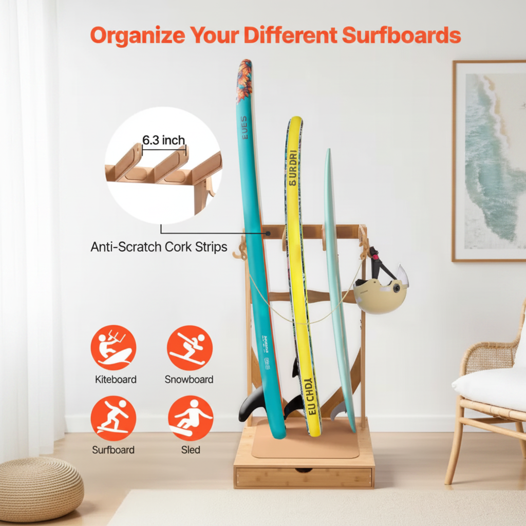 Vertical Surfboard Stand, 3 Tiers Wooden Surfboard Rack for Storage and Display, Freestanding Board Stand Organizer