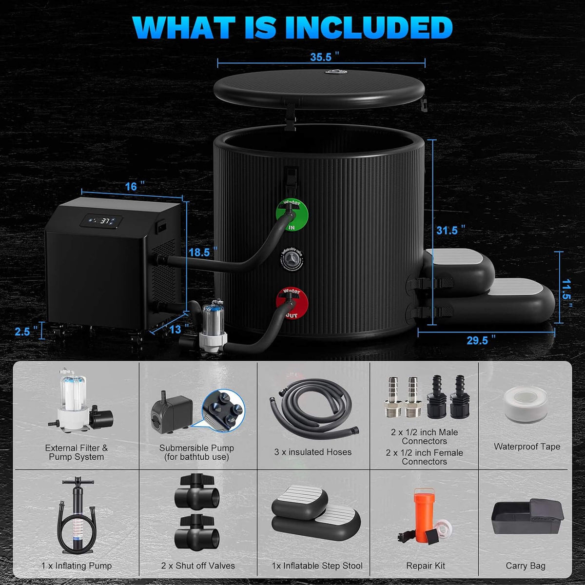 Premium XL 120-Gallon Cold Plunge Tub with Chiller, Filter & Pump