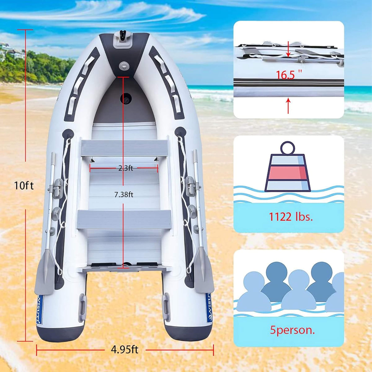 Virtue US 10FT Inflatable Dinghy – 5-Person Sport Tender with Aluminum Floor
